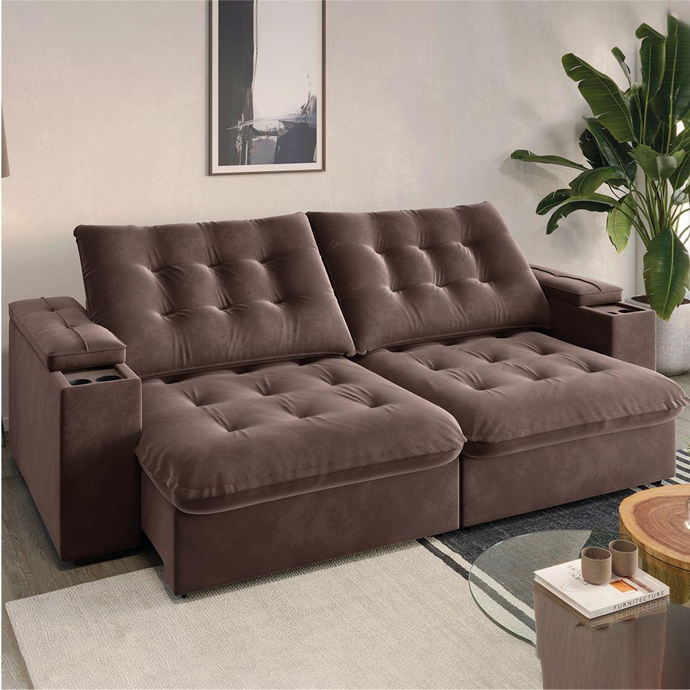 Sofá Retrátil E Reclinável 3 Lugares 2,30m Com Porta Copos Veludo New Coliseu Selmer Marrom - 2