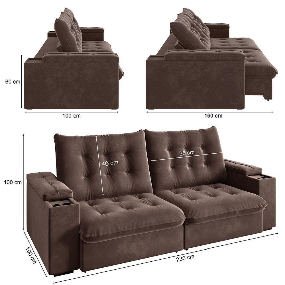 Sofá Retrátil E Reclinável 3 Lugares 2,30m Com Porta Copos Veludo New Coliseu Selmer Marrom - 3