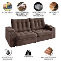 Sofá Retrátil E Reclinável 3 Lugares 2,30m Com Porta Copos Veludo New Coliseu Selmer Marrom