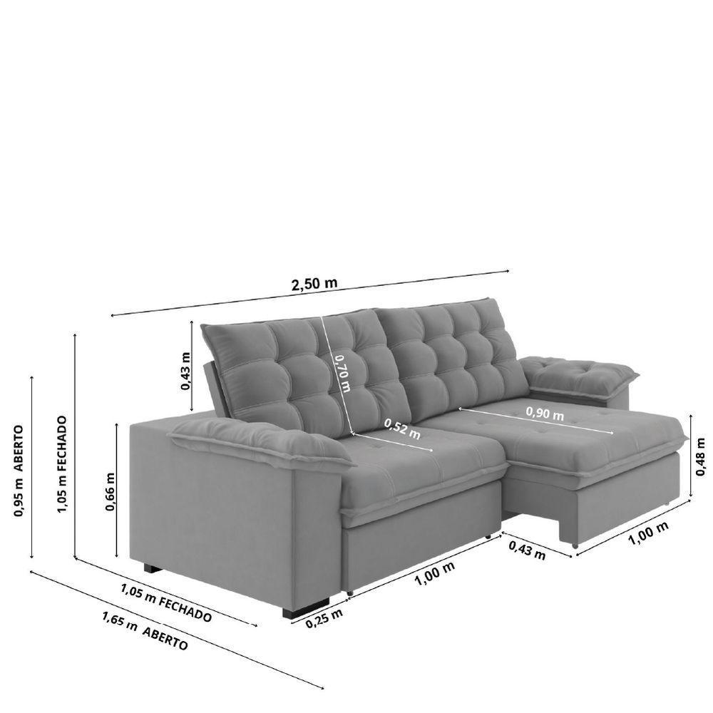 Sofá Retrátil E Reclinável Bipartido 2,50m 4 Lugares Palermo Slim Luizzi Chumbo - 3