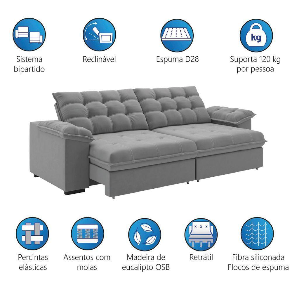 Sofá Retrátil E Reclinável Bipartido 2,50m 4 Lugares Palermo Slim Luizzi Chumbo - 4