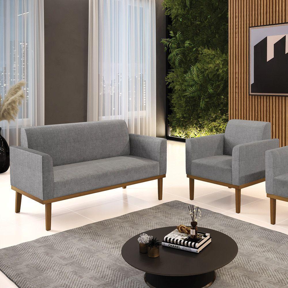 Sofá Namoradeira Com Poltrona Base De Madeira Fixa Castanho Marisa Linho Grafite A26 D03 - D?rossi - 8