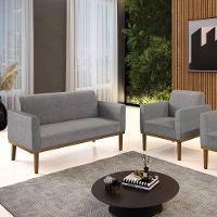 Sofá Namoradeira Com Poltrona Base De Madeira Fixa Castanho Marisa Linho Grafite A26 D03 - D?rossi - 8