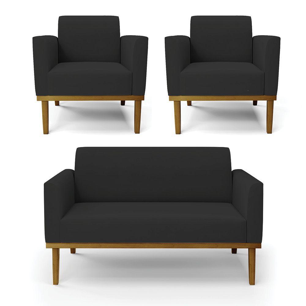 Sofá Namoradeira Com 2 Poltronas Base De Madeira Fixa Castanho Marisa Veludo D03 - D?rossi Cor Preto - 1
