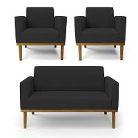 Sofá Namoradeira Com 2 Poltronas Base De Madeira Fixa Castanho Marisa Veludo D03 - D?rossi Cor Preto - 1