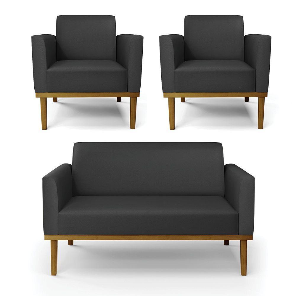 Sofá Namoradeira Com 2 Poltronas Base De Madeira Fixa Castanho Marisa Corino Preto D03 - D?rossi - 1