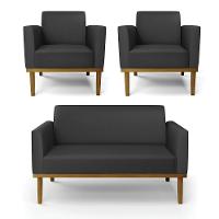 Sofá Namoradeira Com 2 Poltronas Base De Madeira Fixa Castanho Marisa Corino Preto D03 - D?rossi - 1