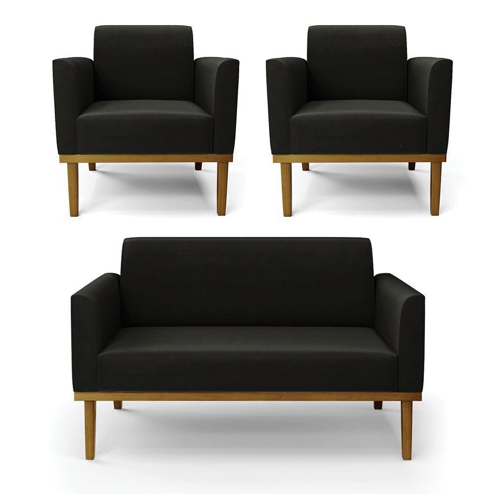 Sofá Namoradeira Com 2 Poltronas Base De Madeira Fixa Castanho Marisa Suede D03 - D?rossi Cor Preto - 1