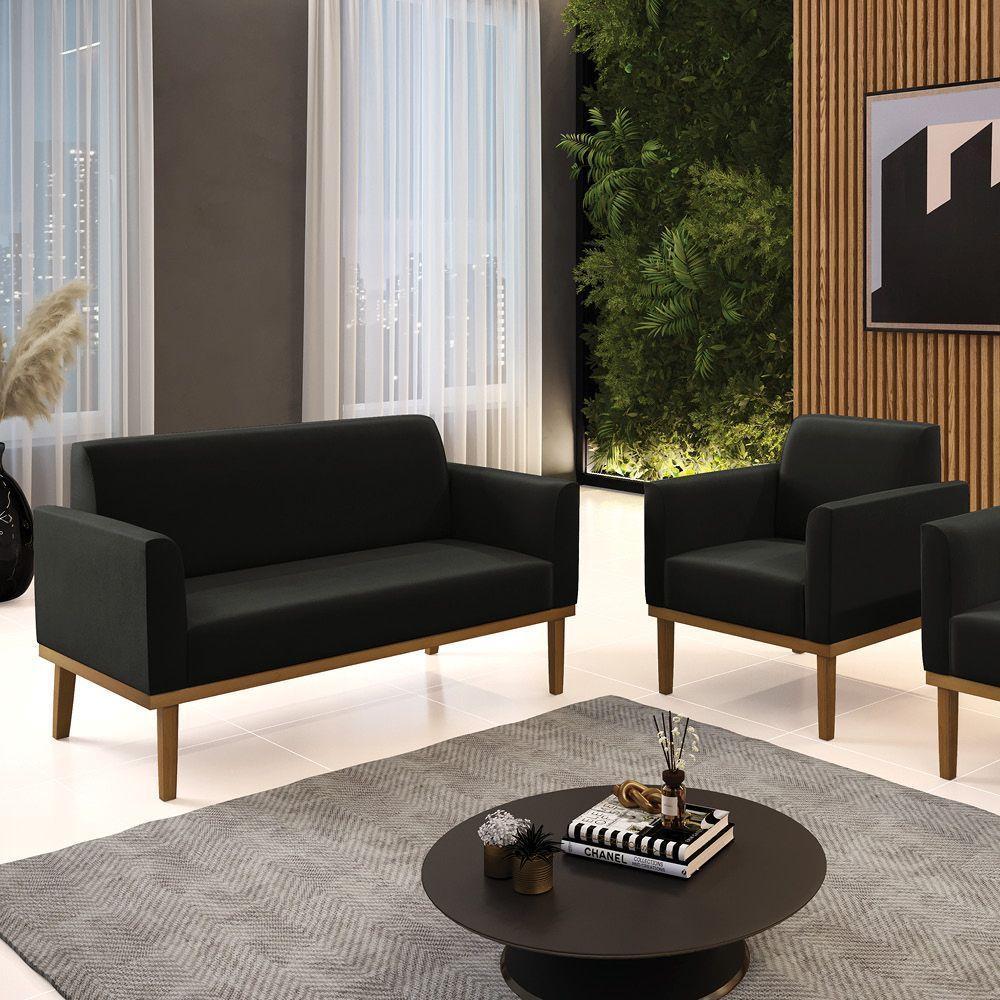 Sofá Namoradeira Com Poltrona Base De Madeira Fixa Castanho Marisa Suede D03 - D?rossi Cor Preto - 4