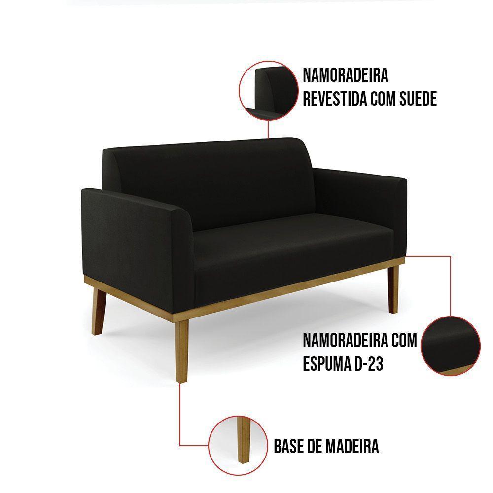Sofá Namoradeira Com Poltrona Base De Madeira Fixa Castanho Marisa Suede D03 - D?rossi Cor Preto - 8