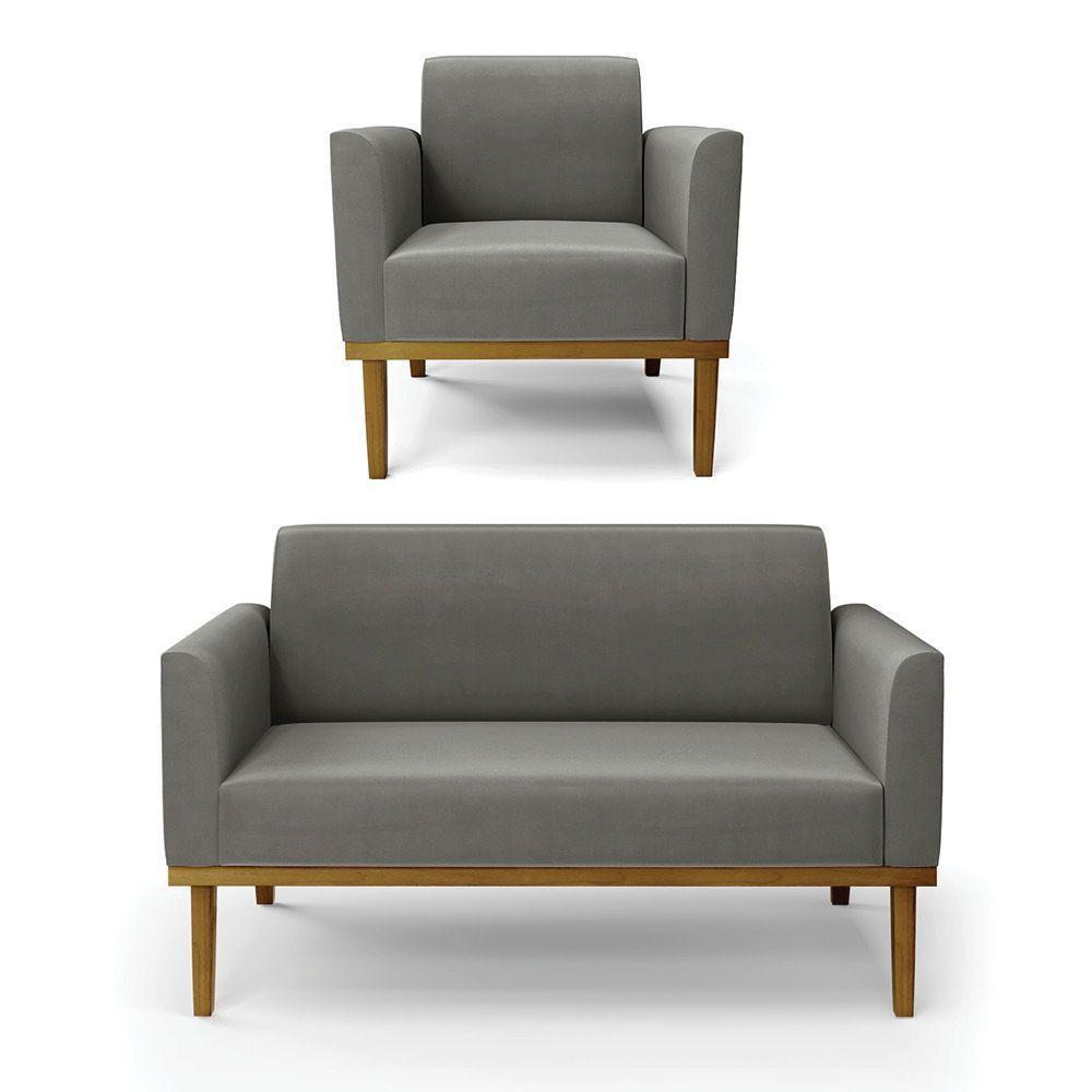 Sofá Namoradeira Com Poltrona Base De Madeira Fixa Castanho Marisa Suede Grafite D03 - D?rossi - 1