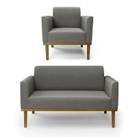 Sofá Namoradeira Com Poltrona Base De Madeira Fixa Castanho Marisa Suede Grafite D03 - D?rossi - 1