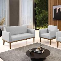 Sofá Namoradeira Com Poltrona Base De Madeira Fixa Castanho Marisa Linho Cinza A05 D03 - D?rossi