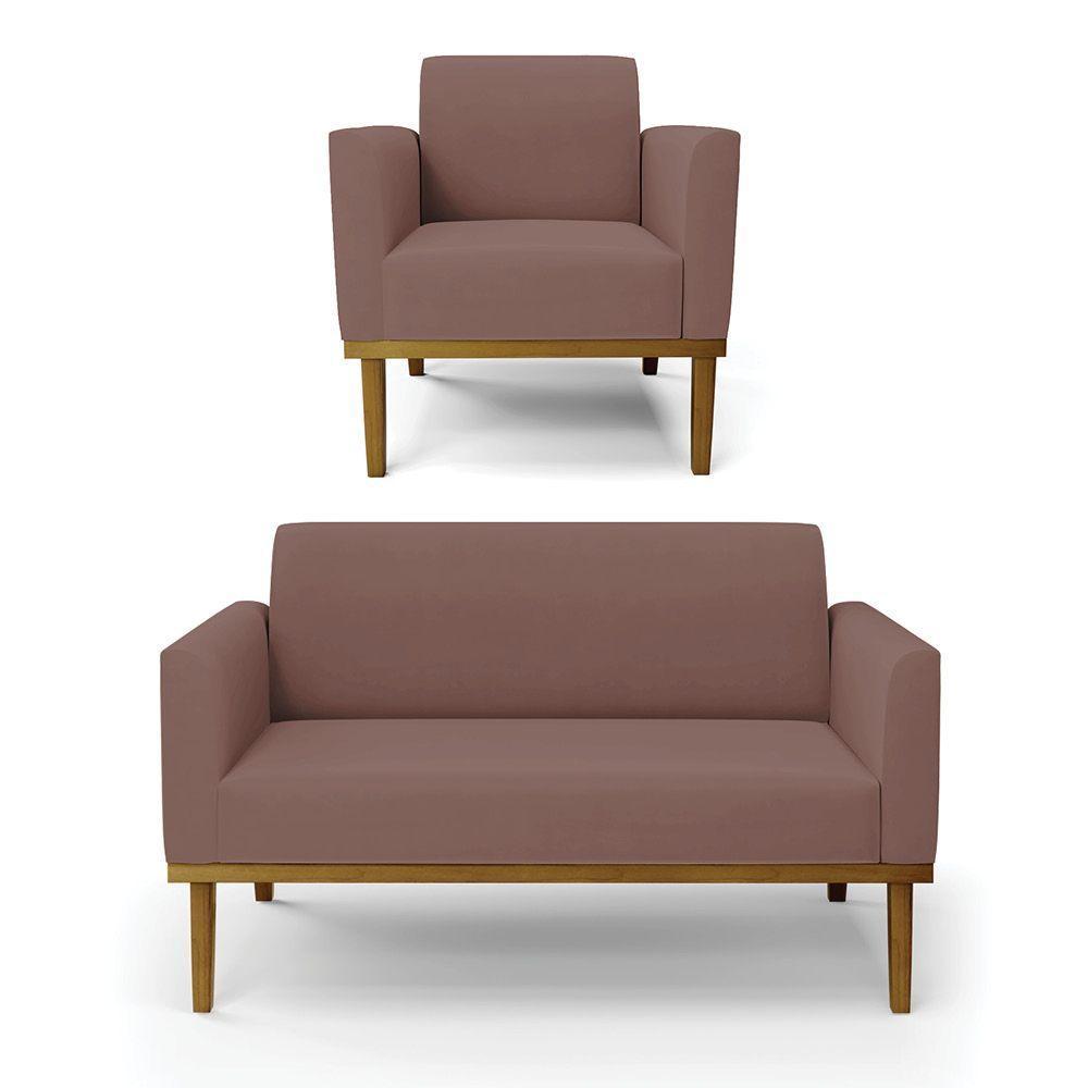 Sofá Namoradeira Com Poltrona Base De Madeira Fixa Castanho Marisa Veludo D03 - D?rossi Cor Rose - 1