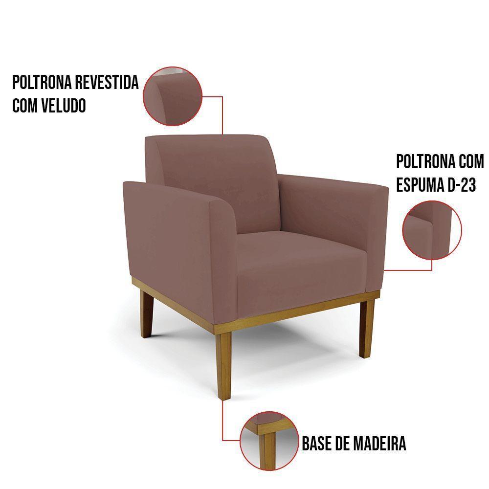 Sofá Namoradeira Com Poltrona Base De Madeira Fixa Castanho Marisa Veludo D03 - D?rossi Cor Rose - 5