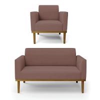 Sofá Namoradeira Com Poltrona Base De Madeira Fixa Castanho Marisa Veludo D03 - D?rossi Cor Rose - 1