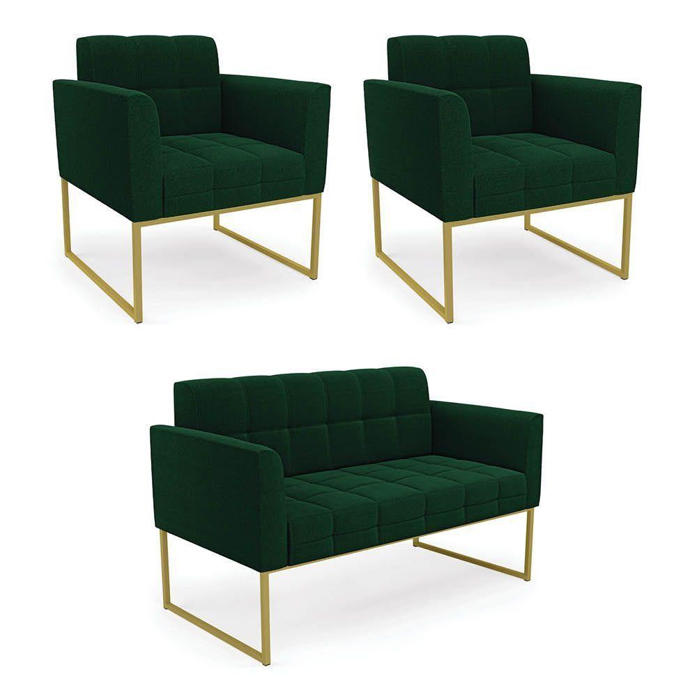Namoradeira E 2 Poltronas Industrial Dourado Elisa Bouclê D03 - D?rossi Cor Verde - 1