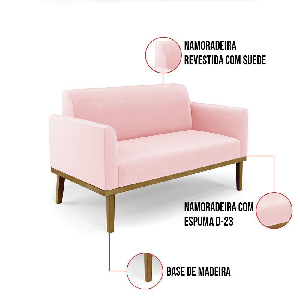 Sofá Namoradeira Base De Madeira Fixa Castanho Marisa Suede D03 - D?rossi Cor Rosa Bebê - 4