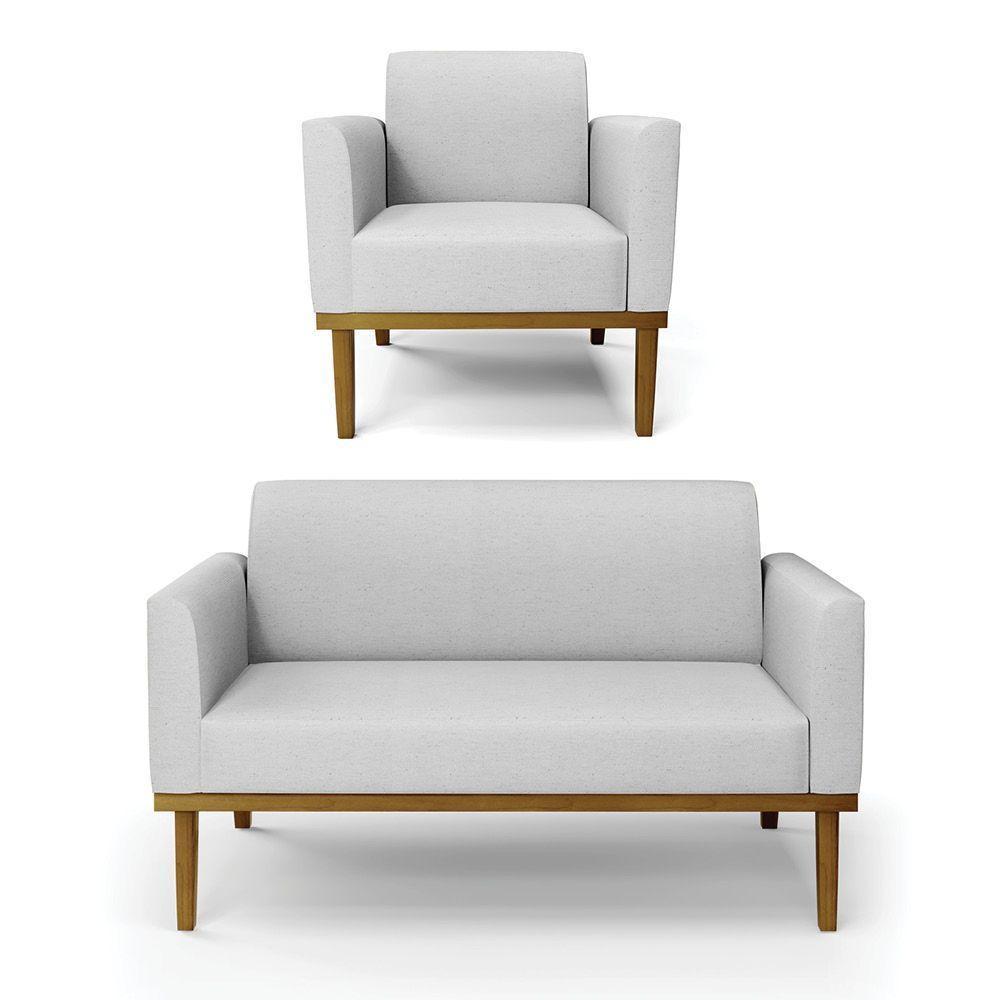 Sofá Namoradeira Com Poltrona Base De Madeira Fixa Castanho Marisa Linho D03 - D?rossi Cor A05 Cinza - 1