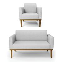 Sofá Namoradeira Com Poltrona Base De Madeira Fixa Castanho Marisa Linho D03 - D?rossi Cor A05 Cinza - 1