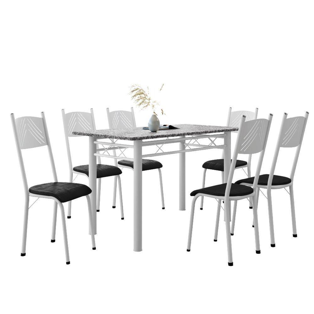 Conjunto De Mesa Sala De Jantar Sara Com 6 Cadeiras Tubular Granito 1,40m Artefamol Branco / Preto - 1