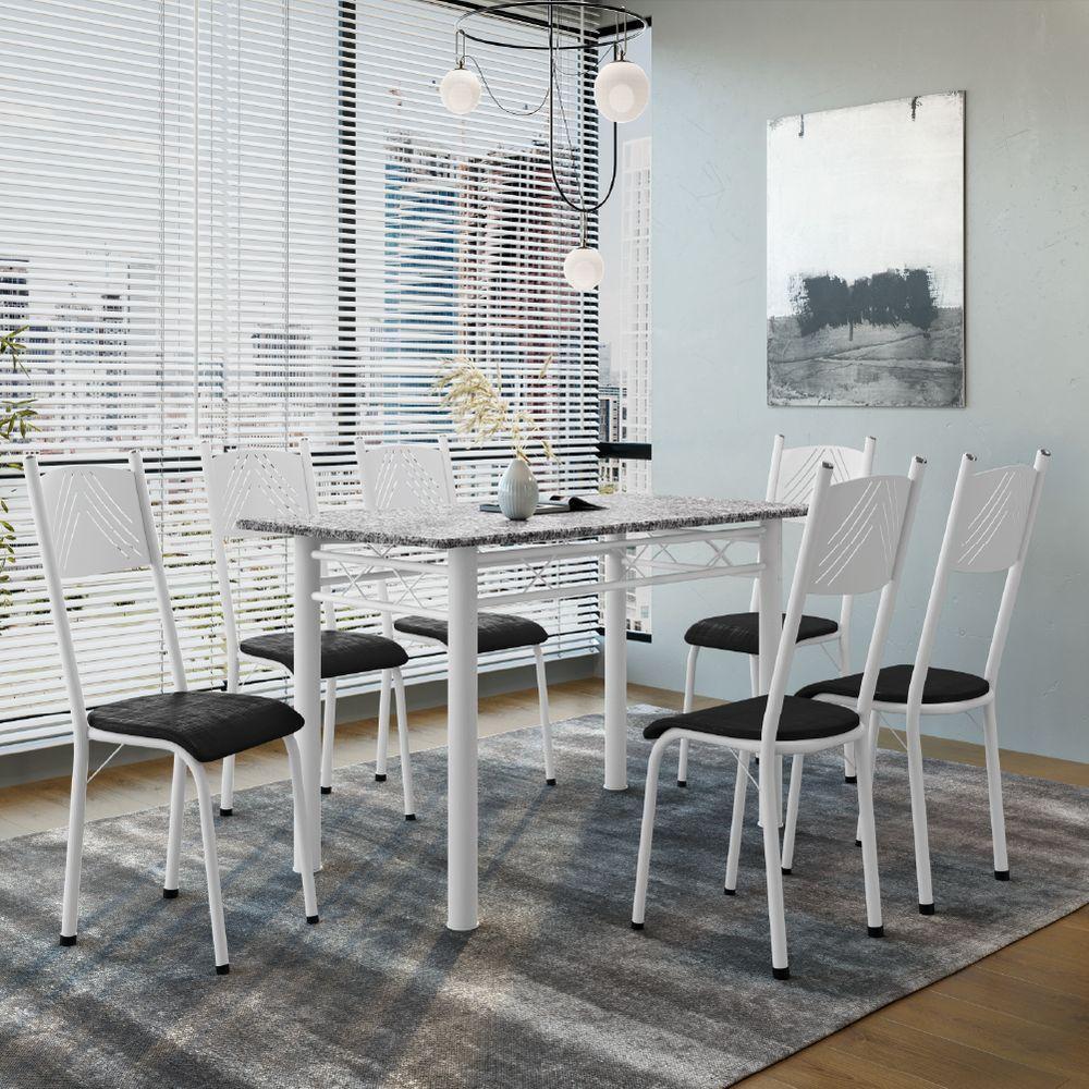 Conjunto De Mesa Sala De Jantar Sara Com 6 Cadeiras Tubular Granito 1,40m Artefamol Branco / Preto - 2