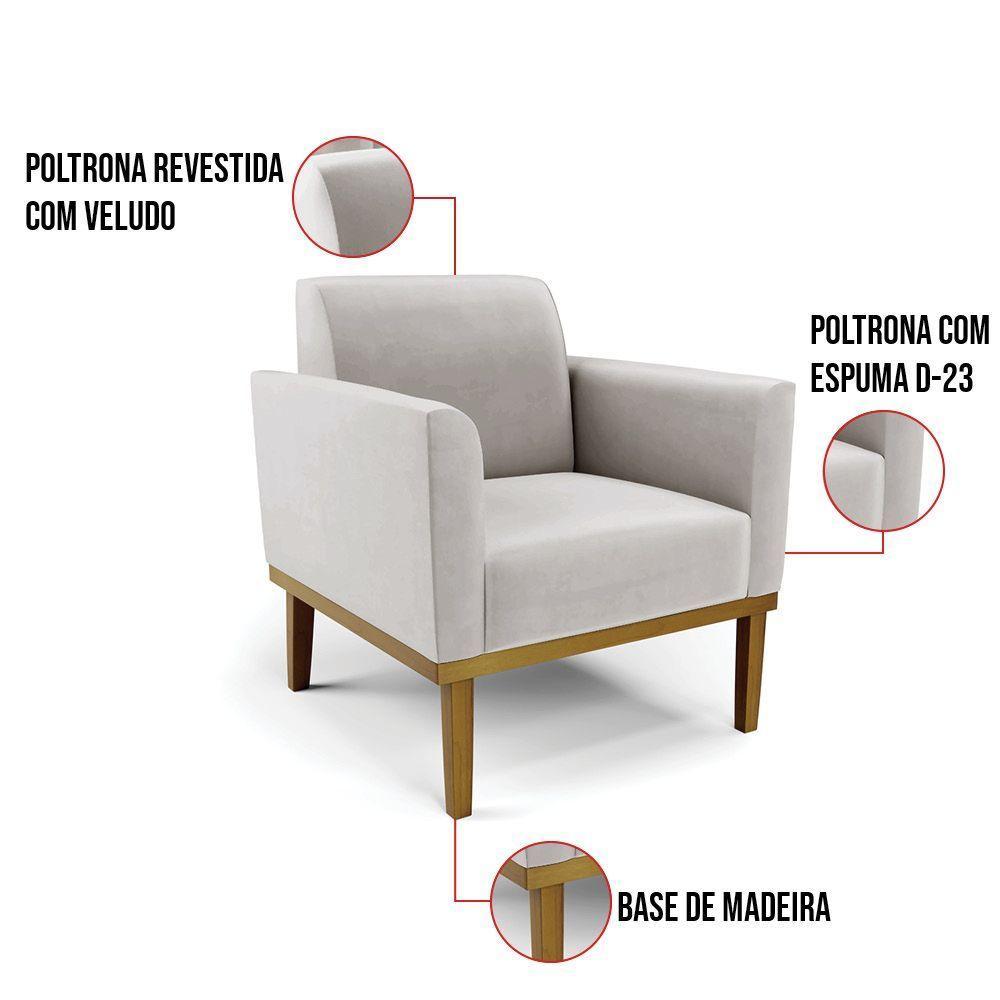 Sofá Namoradeira Com 2 Poltronas Base De Madeira Fixa Castanho Marisa Veludo Cinza D03 - D?rossi - 3