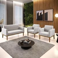 Sofá Namoradeira Com 2 Poltronas Base De Madeira Fixa Castanho Marisa Veludo Cinza D03 - D?rossi - 8