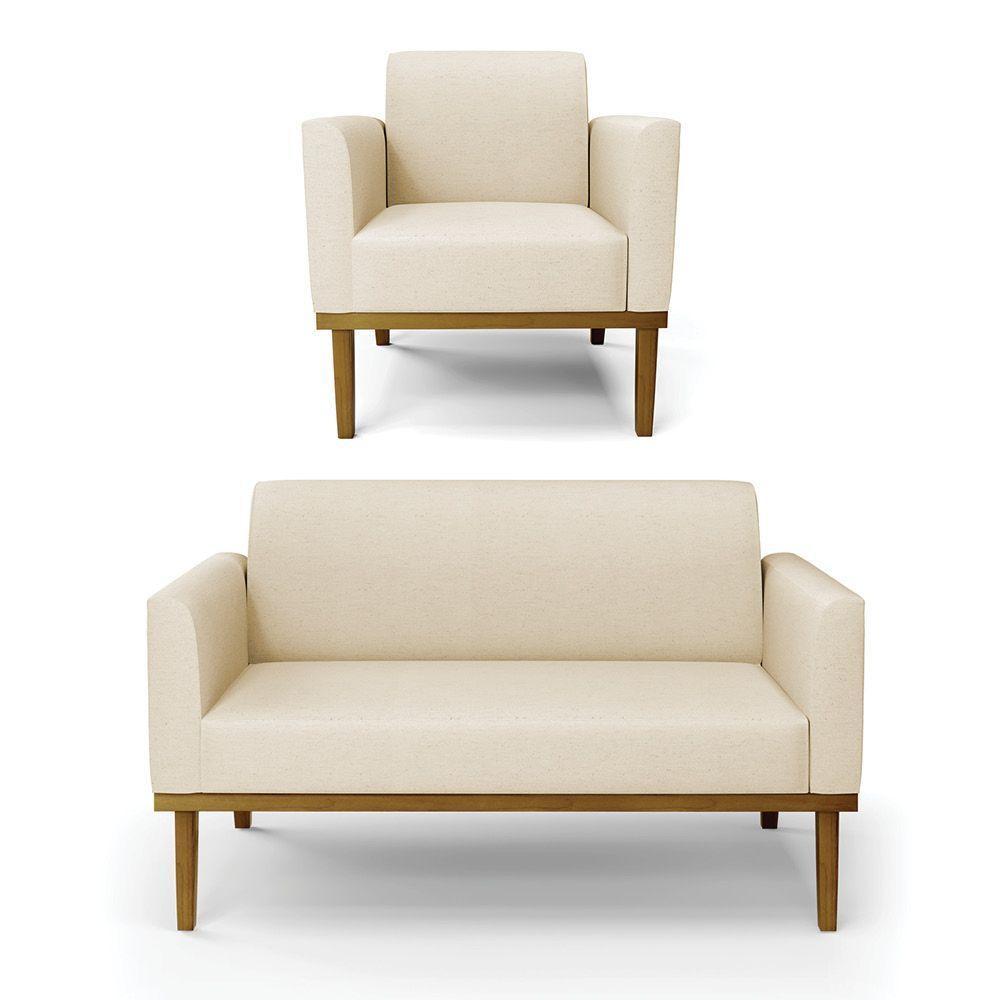 Sofá Namoradeira Com Poltrona Base De Madeira Fixa Castanho Marisa Linho D03 - D?rossi Cor A19 Bege - 1