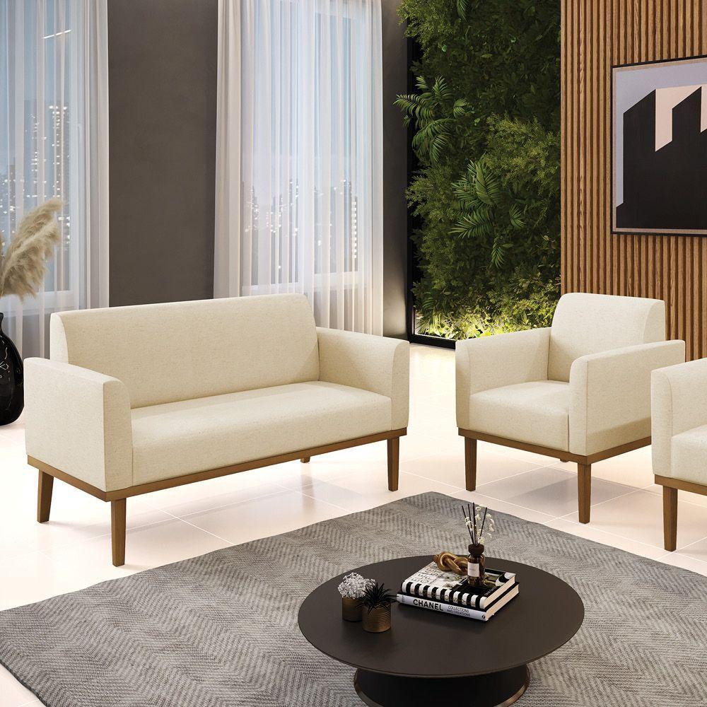 Sofá Namoradeira Com Poltrona Base De Madeira Fixa Castanho Marisa Linho D03 - D?rossi Cor A19 Bege - 3