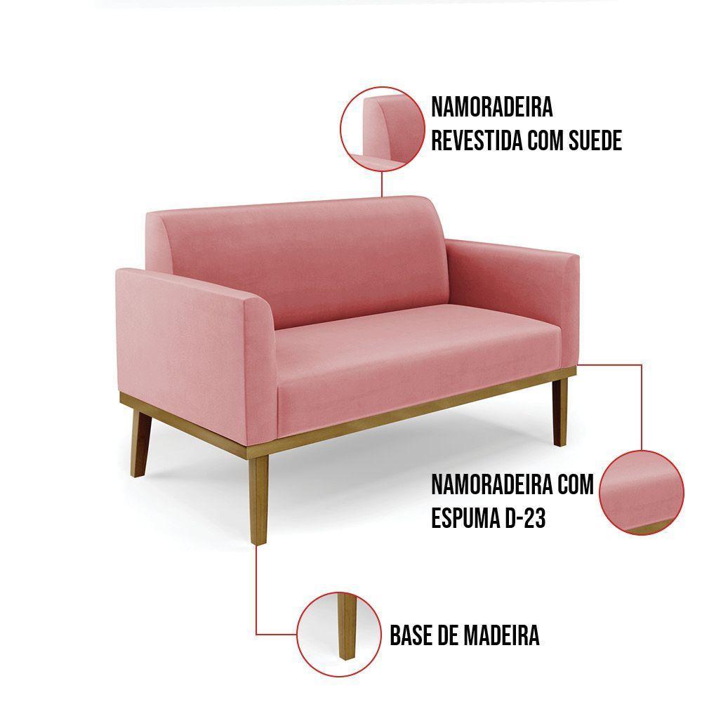 Sofá Namoradeira Com 2 Poltronas Base De Madeira Fixa Castanho Marisa Suede Rosê D03 - D?rossi - 2