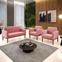 Sofá Namoradeira Com 2 Poltronas Base De Madeira Fixa Castanho Marisa Suede Rosê D03 - D?rossi