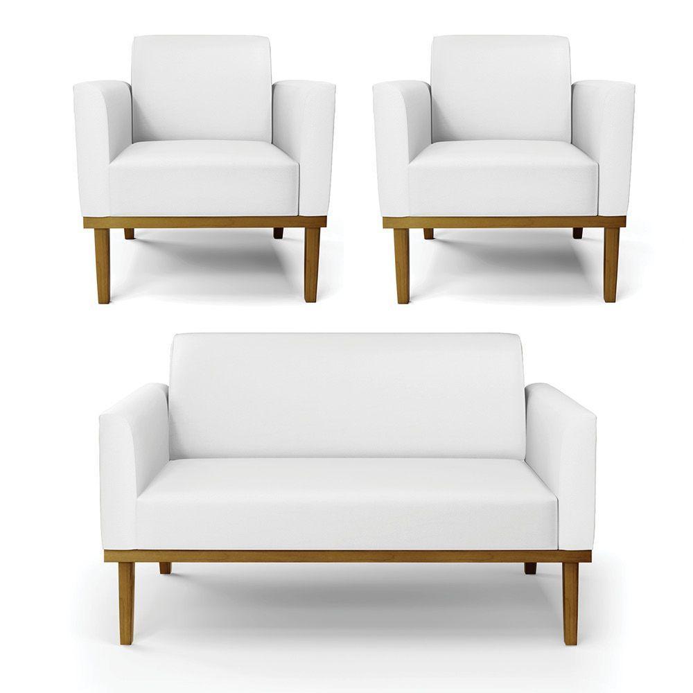 Sofá Namoradeira Com 2 Poltronas Base De Madeira Fixa Castanho Marisa Corino Branco D03 - D?rossi - 1