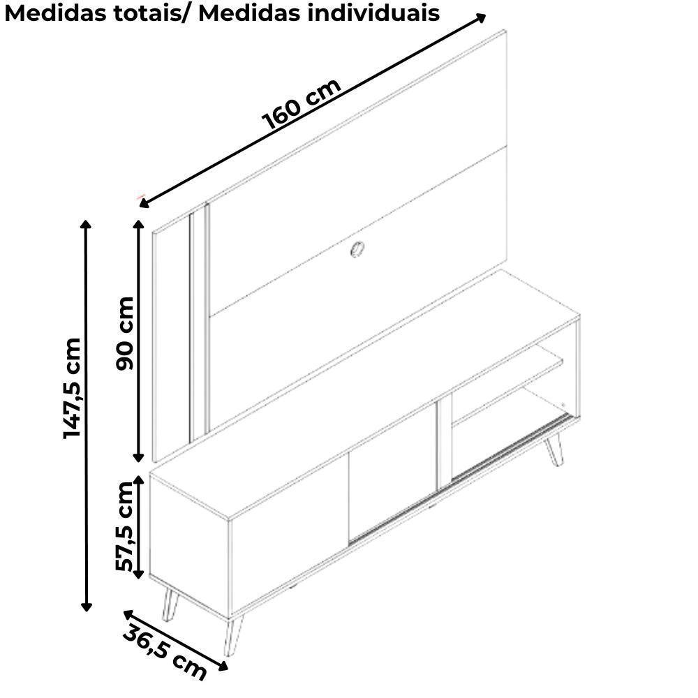 Painel Rack Bancada Tv 60 Pol 160 Cm Cronos Cinamomo Off White Madetec - 3