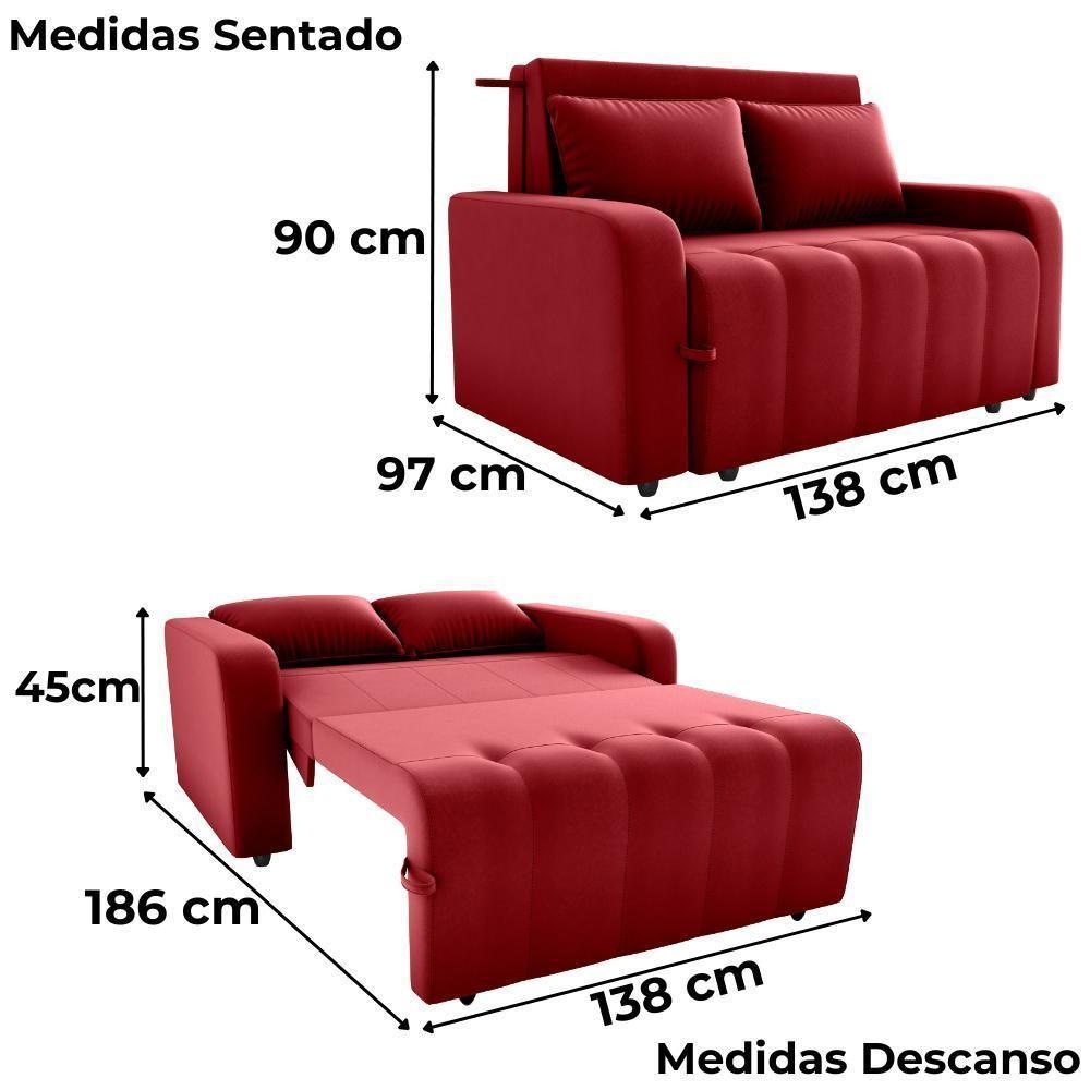 Sofa Cama 2 Lugares 138 Cm Amora Veludo Maserati Milani Store Vermelho - 3