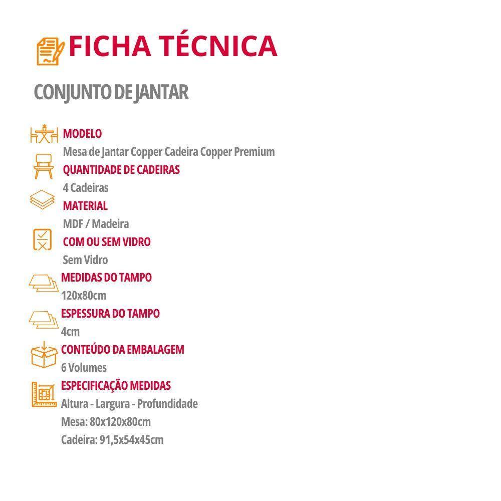 Mesa De Jantar Copper 120cm Tampo Mdf Laminado 4 Cadeiras Veludo Marrom/naturalle/naturalle - 6