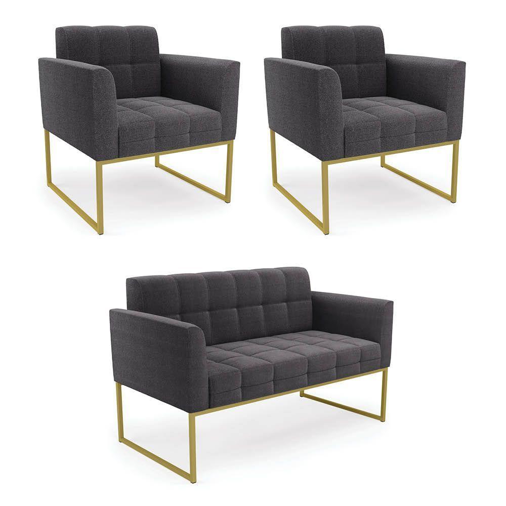 Namoradeira E 2 Poltronas Industrial Dourado Elisa Bouclê D03 - D?rossi Cor Grafite - 1