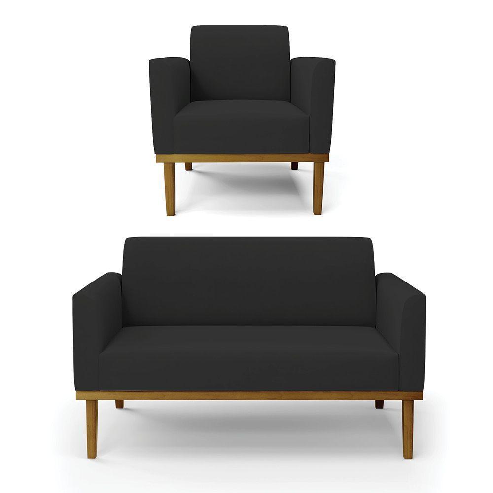 Sofá Namoradeira Com Poltrona Base De Madeira Fixa Castanho Marisa Veludo D03 - D?rossi Cor Preto - 1