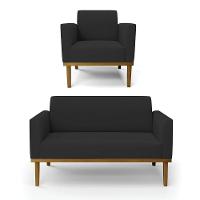 Sofá Namoradeira Com Poltrona Base De Madeira Fixa Castanho Marisa Veludo D03 - D?rossi Cor Preto - 1