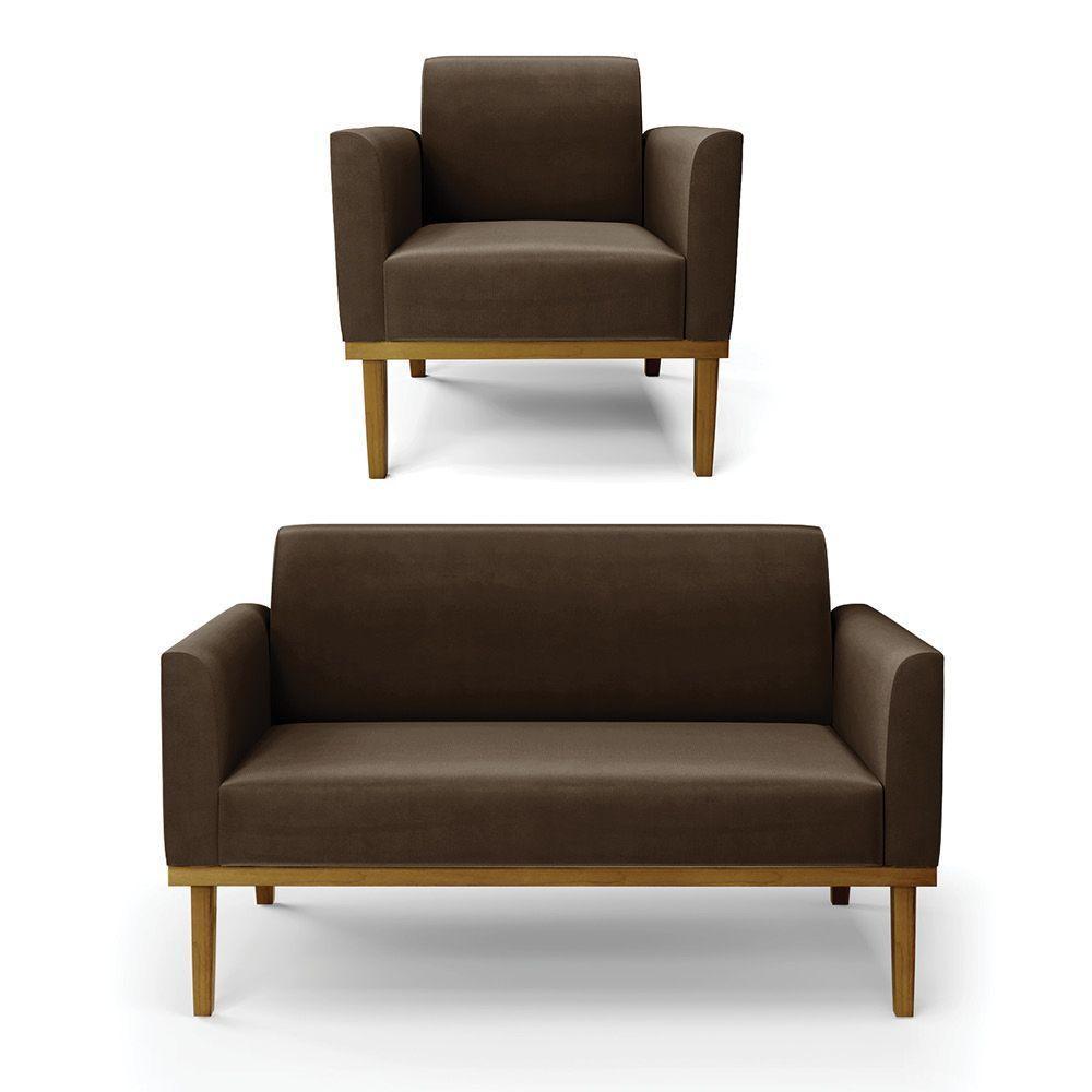 Sofá Namoradeira Com Poltrona Base De Madeira Fixa Castanho Marisa Suede Marrom D03 - D?rossi - 1