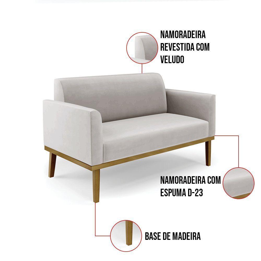 Sofá Namoradeira Com 2 Poltronas Base De Madeira Fixa Castanho Marisa Veludo D03 - D?rossi Cor Cinza - 3