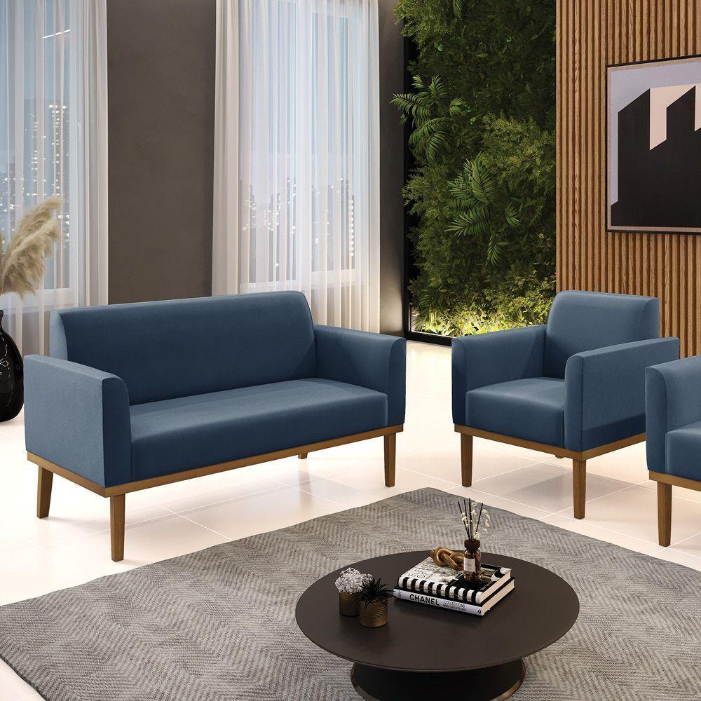 Sofá Namoradeira Com Poltrona Base De Madeira Fixa Castanho Marisa Suede Azul Marinho D03 - D?rossi - 3