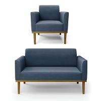 Sofá Namoradeira Com Poltrona Base De Madeira Fixa Castanho Marisa Suede Azul Marinho D03 - D?rossi - 1