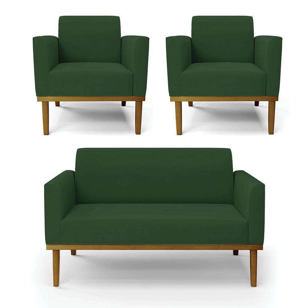 Sofá Namoradeira Com 2 Poltronas Base De Madeira Fixa Castanho Marisa Veludo D03 - D?rossi Cor Verde - 1