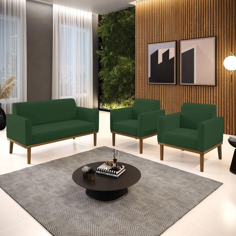 Sofá Namoradeira Com 2 Poltronas Base De Madeira Fixa Castanho Marisa Veludo D03 - D?rossi Cor Verde - 8