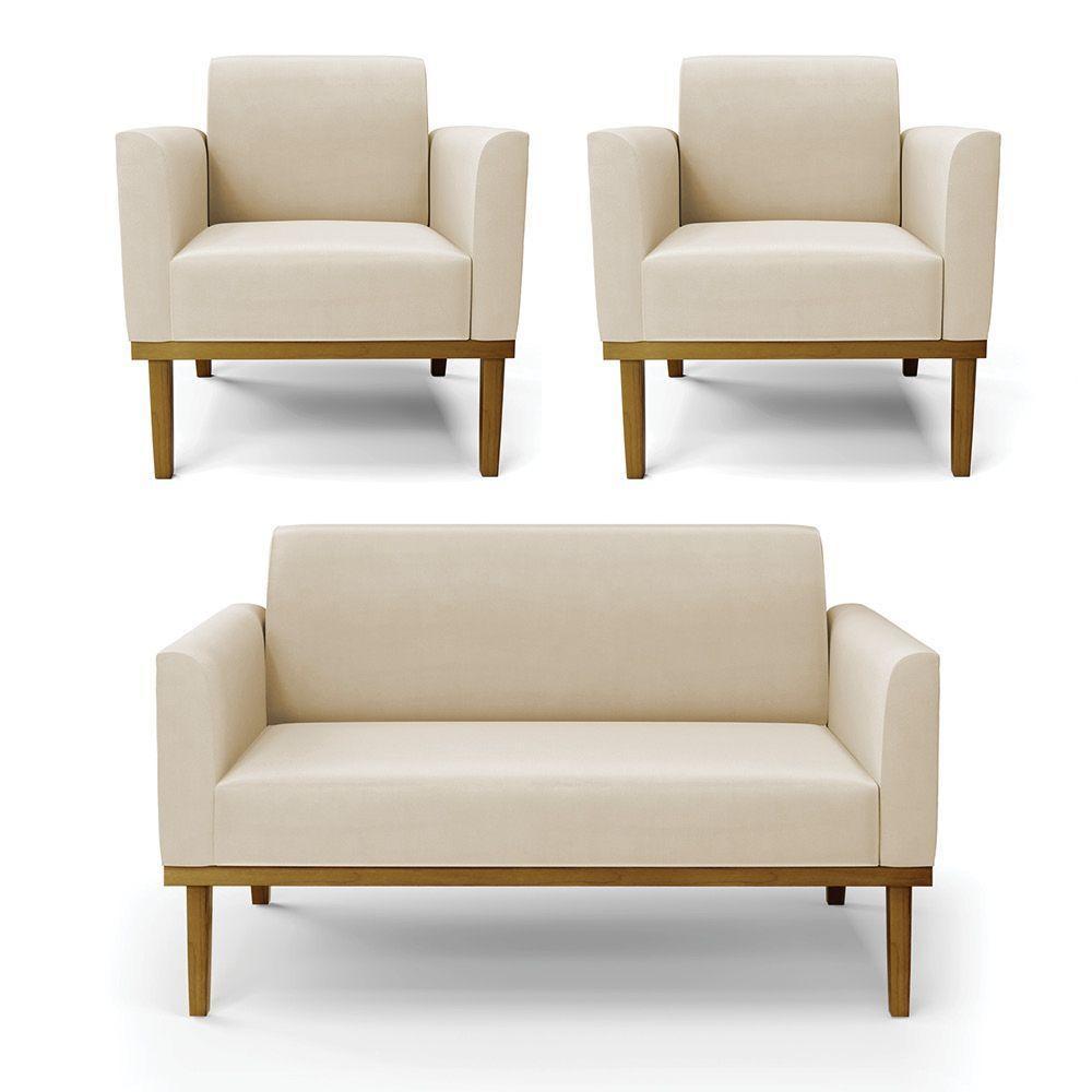 Sofá Namoradeira Com 2 Poltronas Base De Madeira Fixa Castanho Marisa Suede D03 - D?rossi Cor Bege - 1