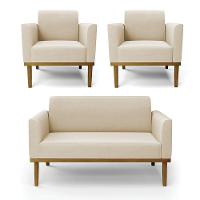 Sofá Namoradeira Com 2 Poltronas Base De Madeira Fixa Castanho Marisa Suede D03 - D?rossi Cor Bege - 1