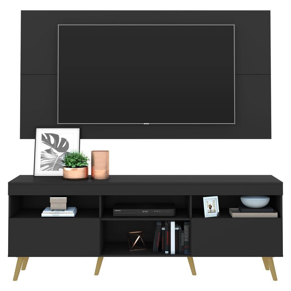 Rack Com Painel Tv 65" Retrô Flórida Multimóveis V3133 Preto/Natural Preto/Natural - 1
