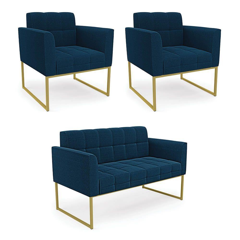 Namoradeira E 2 Poltronas Industrial Dourado Elisa Bouclê D03 - D?rossi Cor Azul - 1