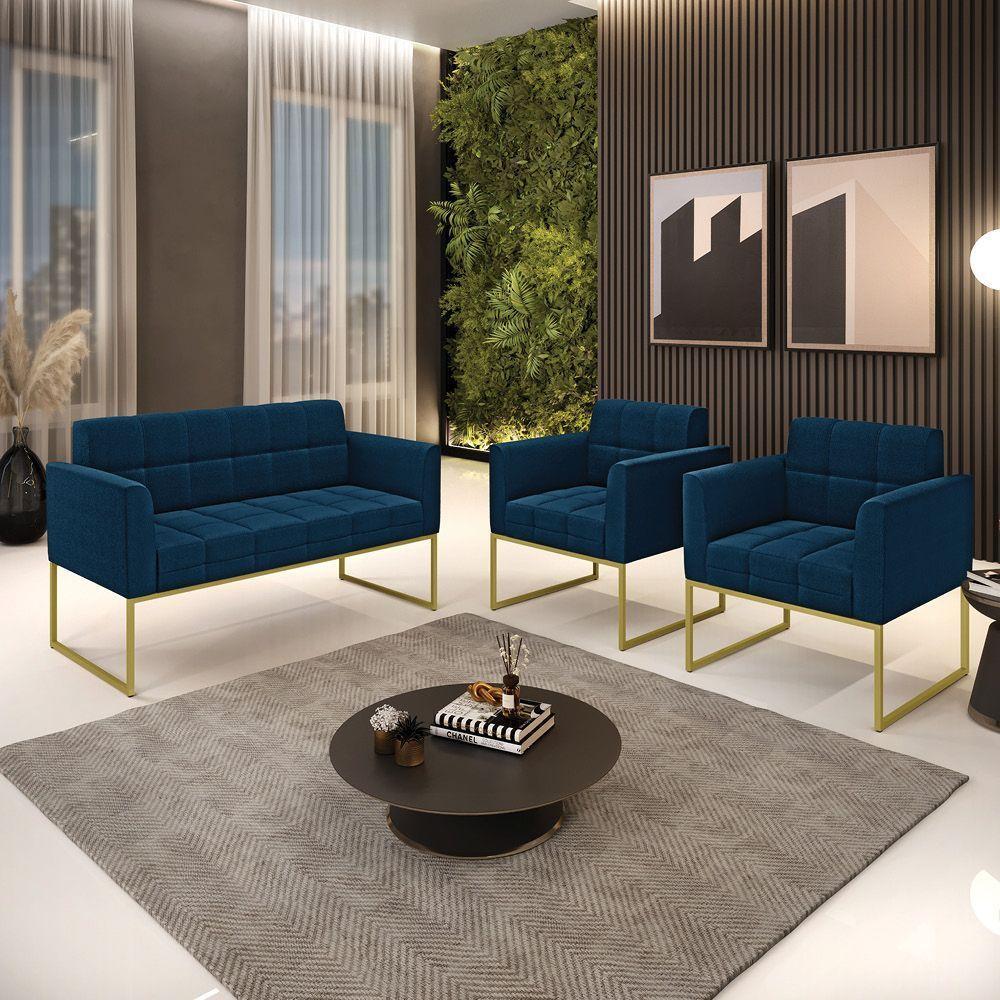 Namoradeira E 2 Poltronas Industrial Dourado Elisa Bouclê D03 - D?rossi Cor Azul - 6